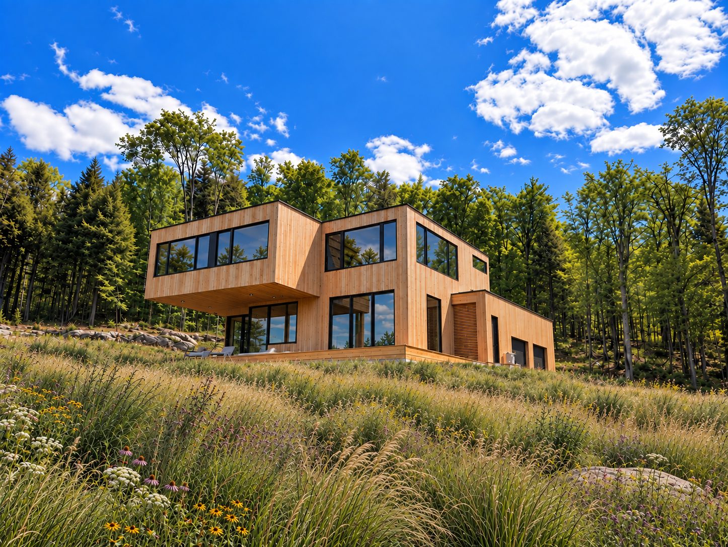 Modern flat-roof home exterior, Stratton Vermont