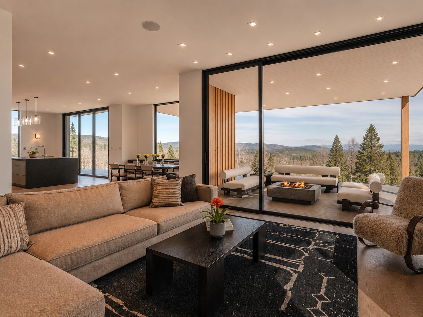 Open-concept living room with floor-to-ceiling windows