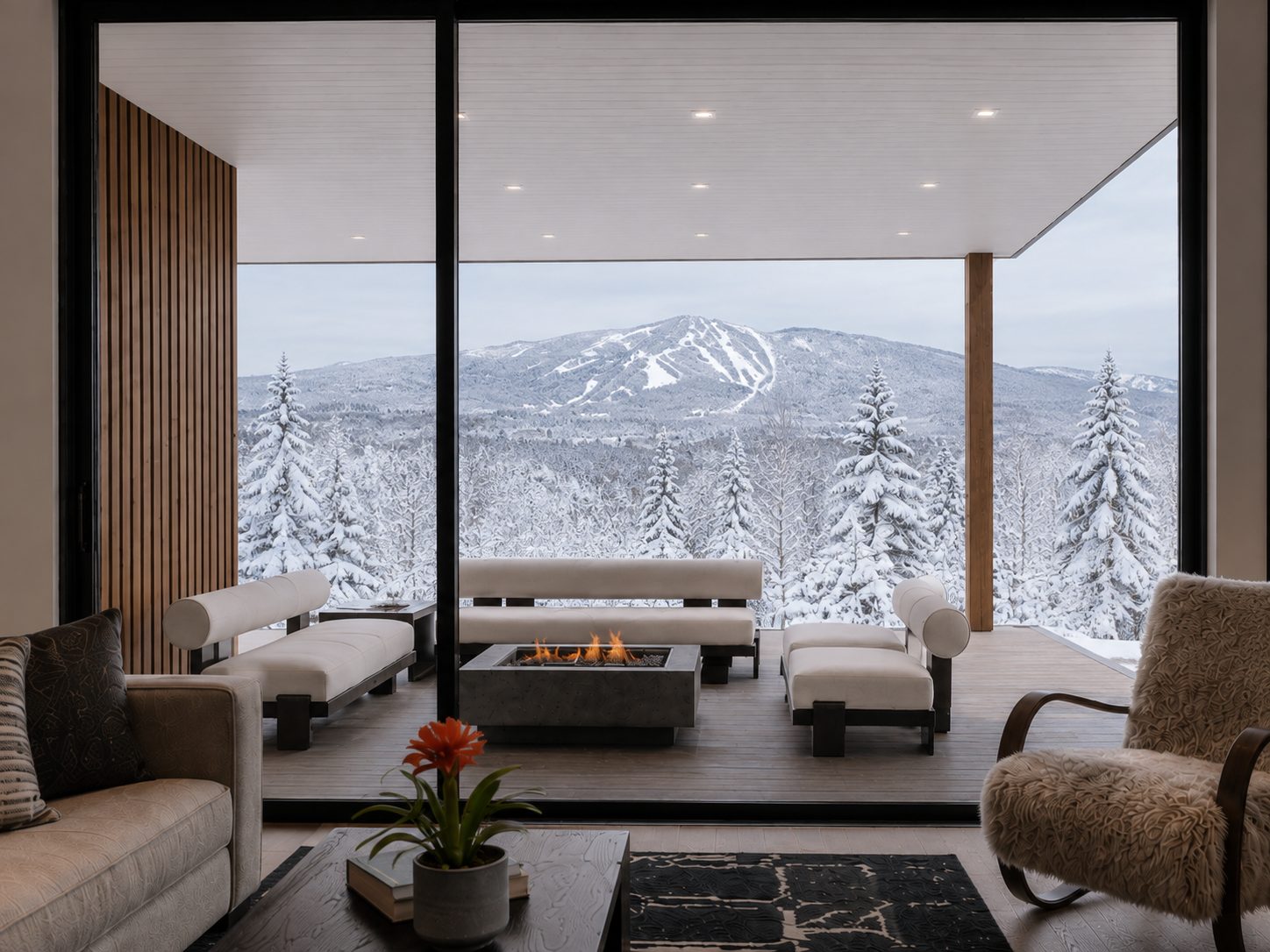 Living room opening to outdoor deck with mountain view