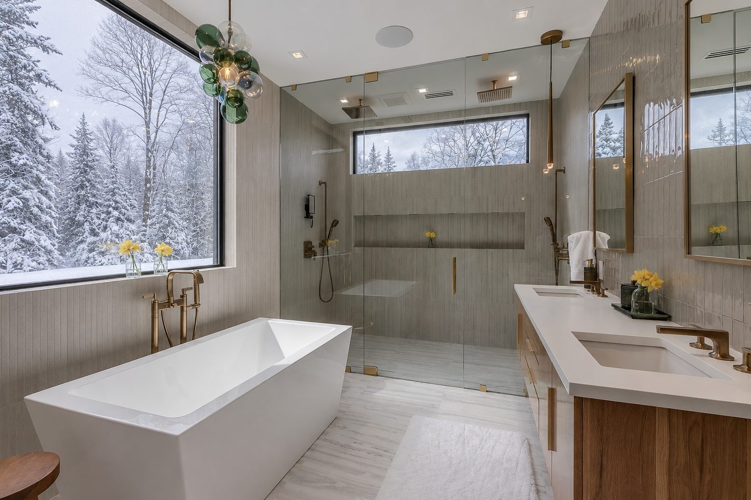 Primary bathroom with freestanding tub and forest view